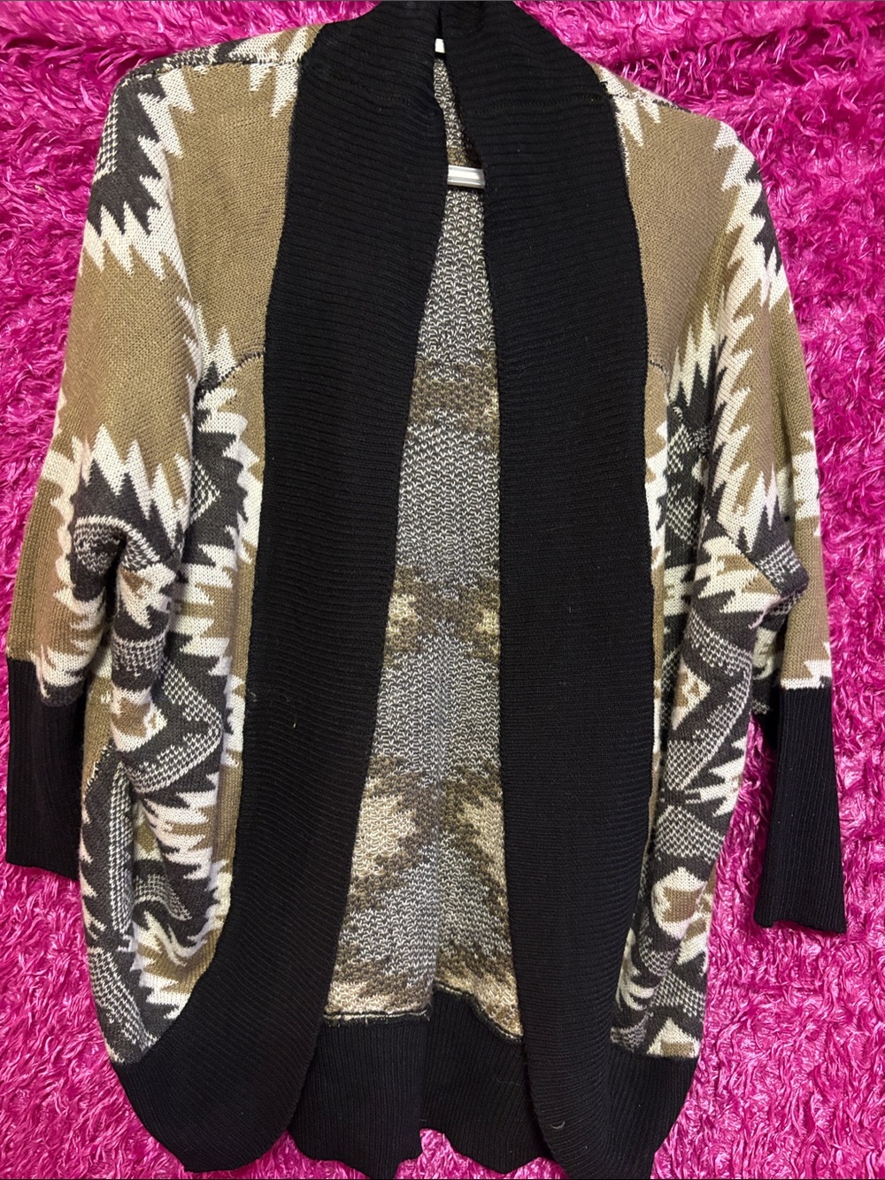 Streetwear Society Aztec-Print Open Front Cardigan - Black & Tan & Cream
